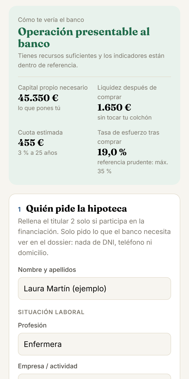 Dossier: operación presentable al banco, tasa de esfuerzo del 19 %
